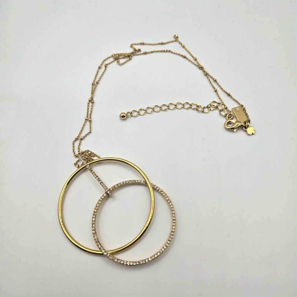 Kate Spade Gold-Tone Double Circle Pendant Necklace Rhinestones Long 20-24"